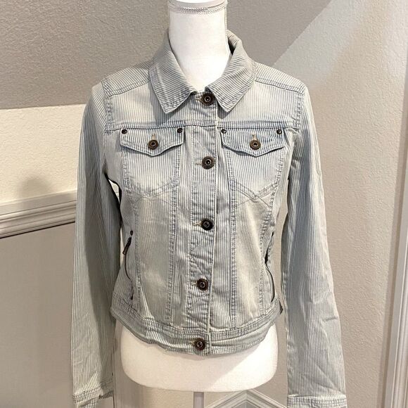 Jou Jou Denim Jacket Striped Jean Stretch Fabric Size M - Picture 2 of 16